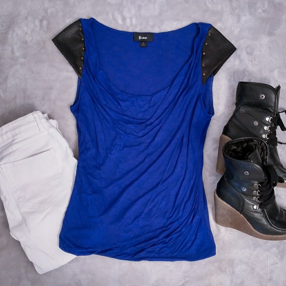 B.Wear Top with Studded Leather Sleeves